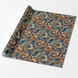 Papel De Presente Celestial Paisley Patterno Azul, Laranja, Dourado
