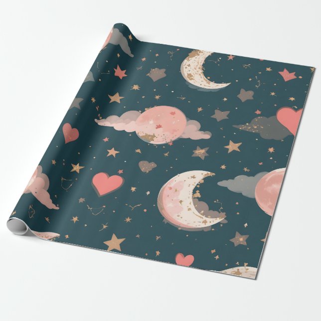 Papel De Presente Celestial Romance Dreamy Moon & Stars Valentine Se (Desenrolado)