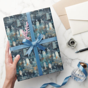 Papel De Presente Cemitério Assombrado à Meia-Noite em Aquarela Azul