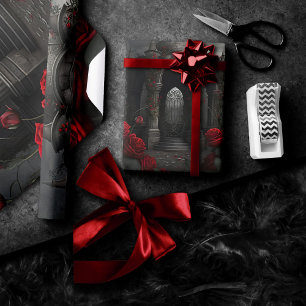 Papel De Presente Cemitério gótico Gazebo com Rosas vermelhas à noit