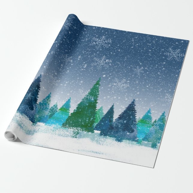 Papel De Presente Cena Azul e Verde de inverno de Neve (Desenrolado)