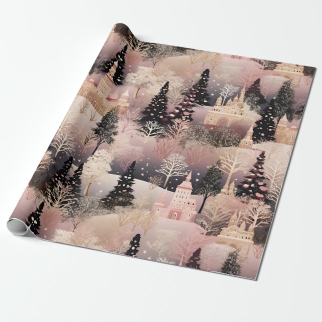 Papel De Presente Cena Caprichosa de Inverno Rosa (2) (Desenrolado)