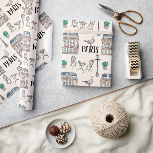 Papel De Presente Cena da rua Cute Paris | Watercolor (Artesanato)