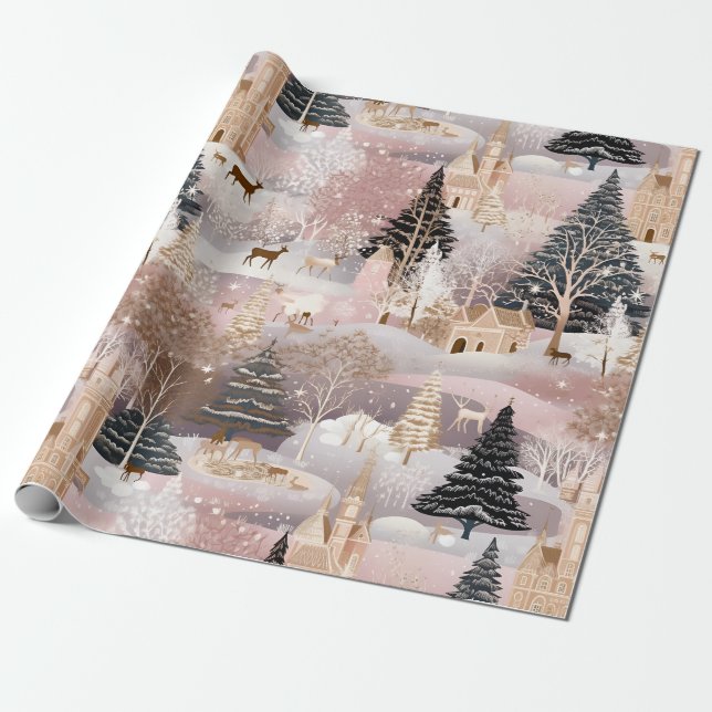 Papel De Presente Cena de castelo de fantasia de veado de inverno ro (Desenrolado)
