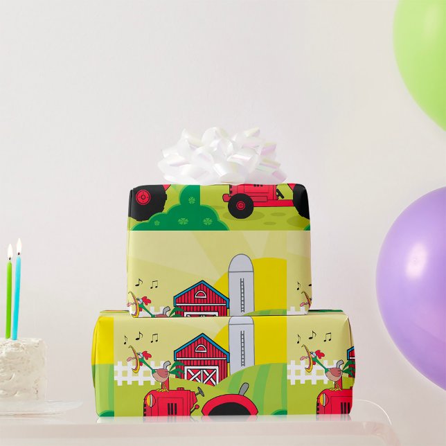 Papel De Presente Cena de fazenda com Galo de Canto no Trator (Criador carregado)