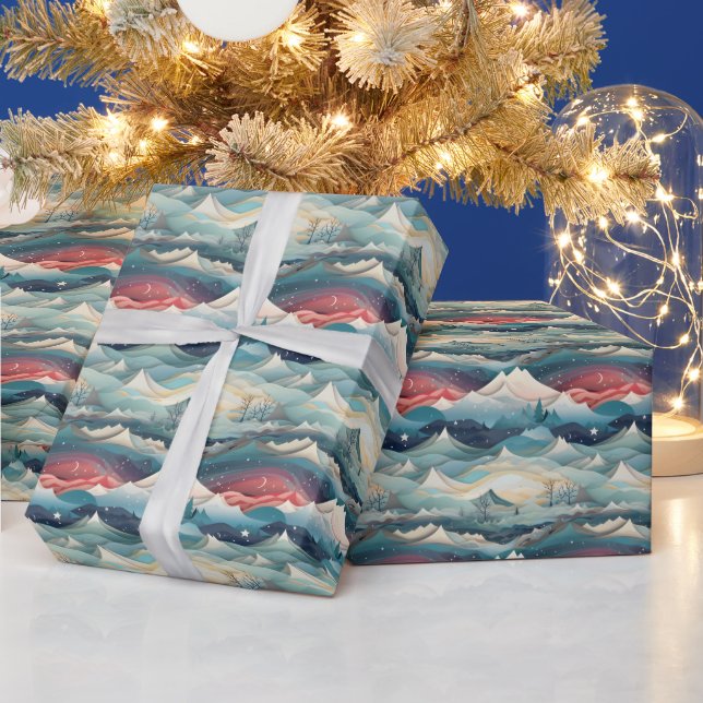 Papel De Presente Cena de Inverno Árvores Montanhas Neve (Feriados)