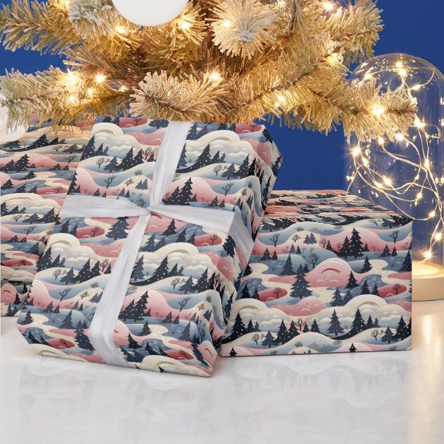 Papel De Presente Cena de Inverno Árvores Montanhas Neve (Feriados)