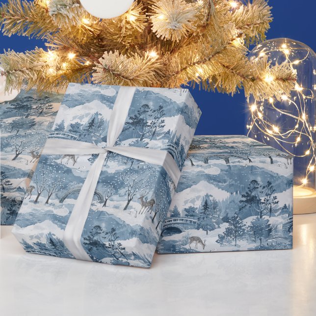 Papel De Presente Cena De Inverno Com Paisagem De Neve E Um Veado (Feriados)