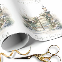Papel De Presente Cena de Inverno com Pinheiro à Aguarela Natal