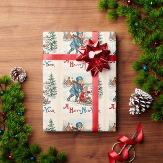 Papel De Presente Cena de Inverno de Crianças Descendo a Colina de T