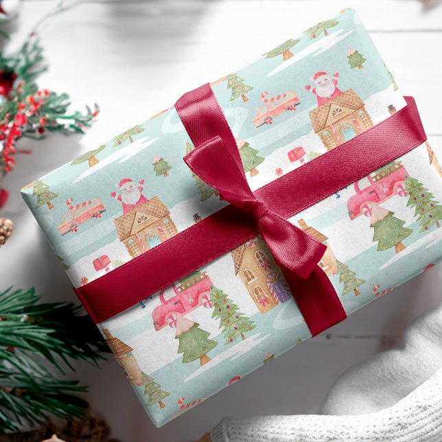 Papel De Presente Cena de inverno de Gingercake Candy Town (Watercolor Gingerbread Candy Town Winter Scene Wrapping Paper)