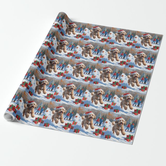 Papel De Presente Cena de Natal com Bernedoodle na Neve (Desenrolado)