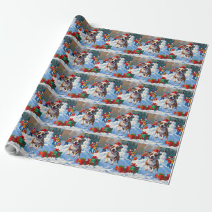 Papel De Presente Cena de Natal com Bull Terrier na Neve