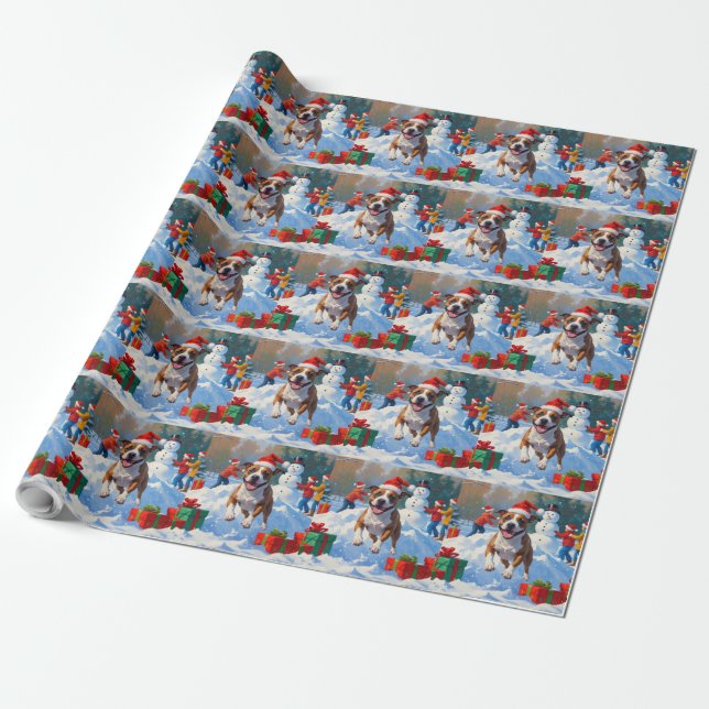 Papel De Presente Cena de Natal com Bull Terrier na Neve (Desenrolado)