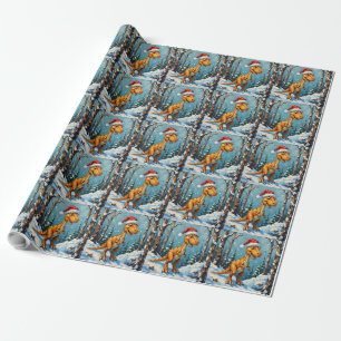 Papel De Presente Cena de Natal com Dinossauro Vintage e Chapéu de P