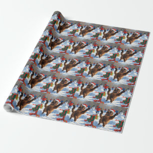 Papel De Presente Cena de Natal com Gato Abissínio na Neve