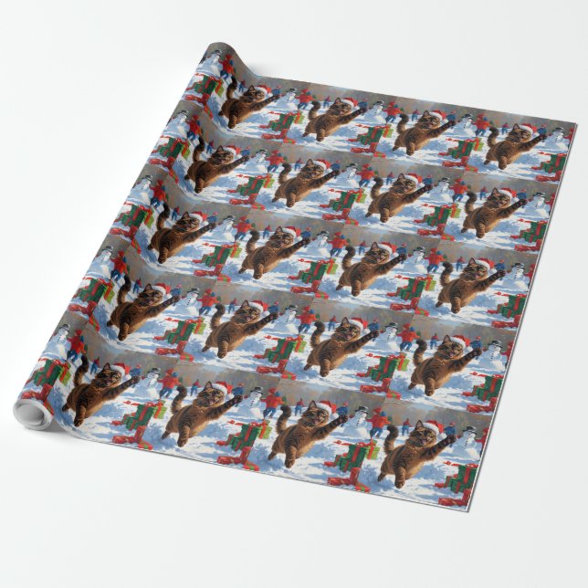 Papel De Presente Cena de Natal com Gato Abissínio na Neve (Desenrolado)