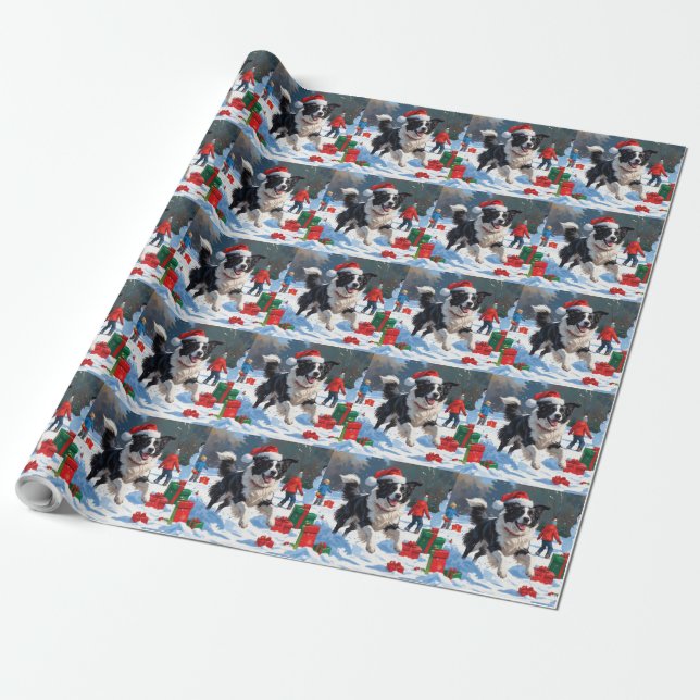 Papel De Presente Cena de Natal com Snow Border Collie (Desenrolado)