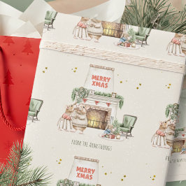 Papel De Presente Cena de Natal Vintage com Ratos em Aquarela Aconch