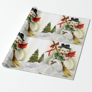 Papel De Presente Cena de Neve com Vintage Snowman