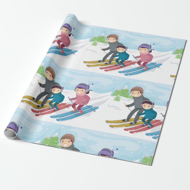 Papel De Presente Cena de neve de esqui em família (Desenrolado)