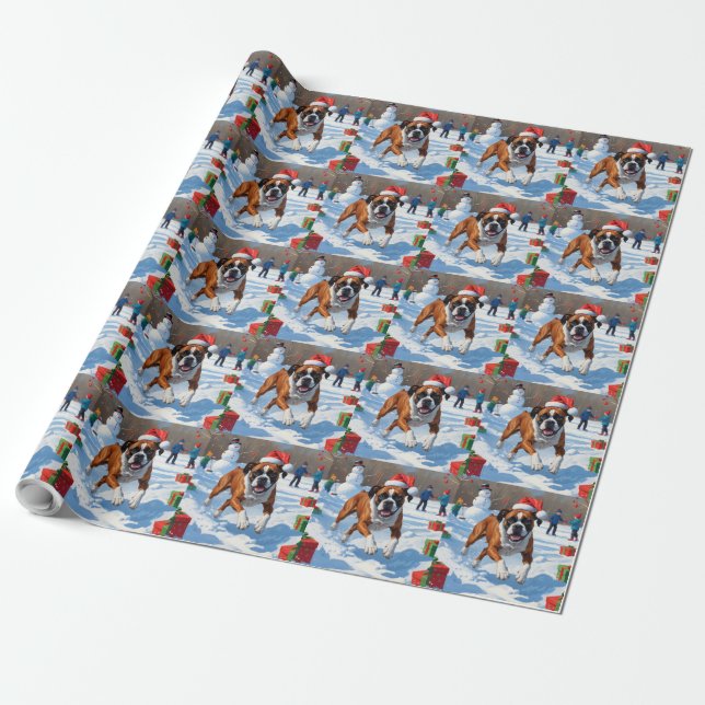 Papel De Presente Cena de Neve Festiva Boxer Christmas (Desenrolado)