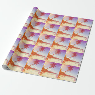 Papel De Presente Cena de praia, coqueiro, cama de madeira.
