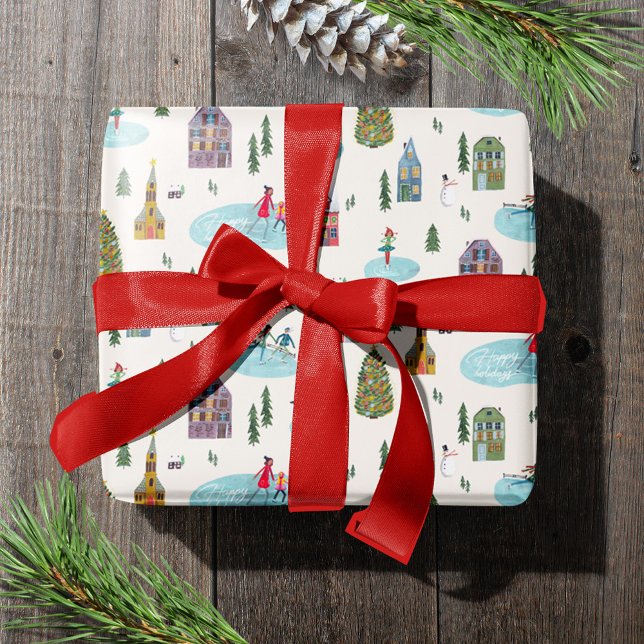 Papel De Presente Cena encantadora de uma vila de casas de inverno n (Cute Winter House Village Scene Christmas Wrapping Paper)