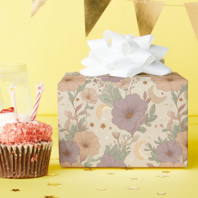 Papel De Presente Cena Floral Boho & Luar Sonho (Festa de aniversário)