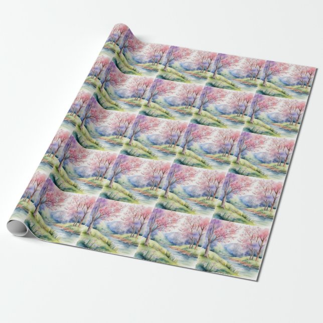 Papel De Presente Cena Natural de Primavera de Aquarela (Desenrolado)