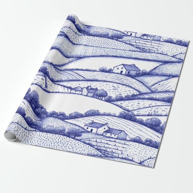 Papel De Presente Cena Pastoral Francesa em Azul Toile Paisagem (Desenrolado)