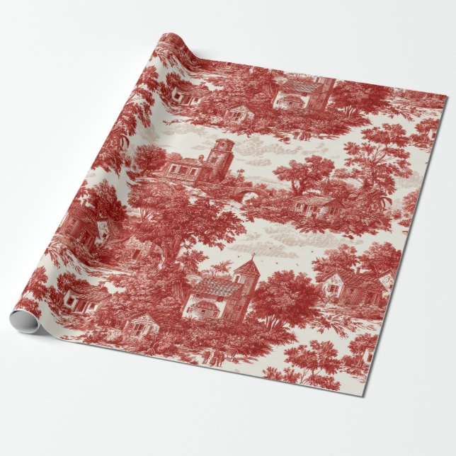 Papel De Presente Cena Rural em Toile Vermelho (8) (Desenrolado)