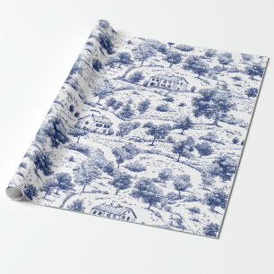 Papel De Presente Cena Rural Toile Azul (3)