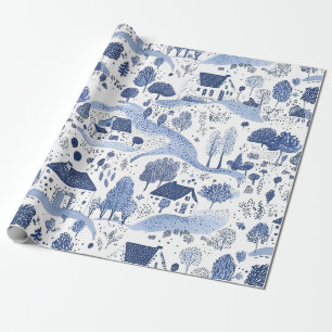 Papel De Presente Cena Rural Toile Azul (4)