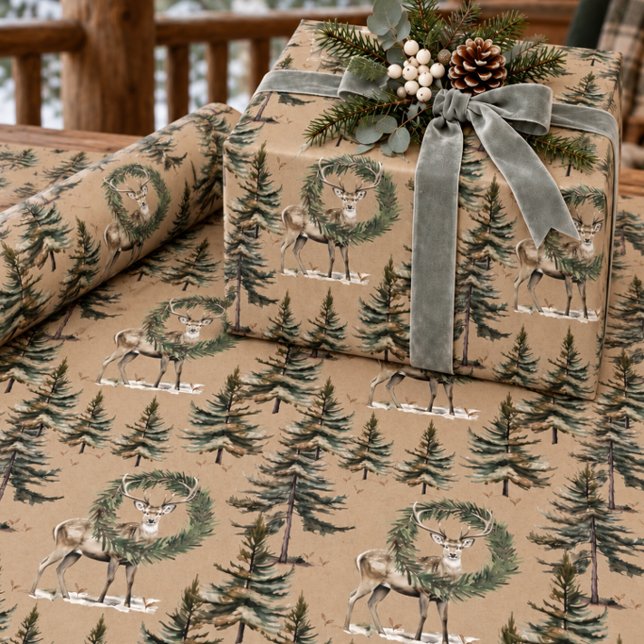 Papel De Presente Cena Rústica de Kraft com Cervo e Grinalda na Flor (Criador carregado)
