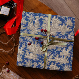 Papel De Presente Cenário Chic de Toile de Jouy Francês Azul Escuro 