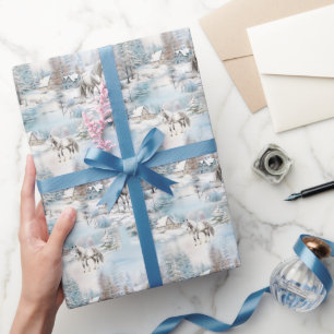 Papel De Presente Cenário de neve do inverno em cavalos