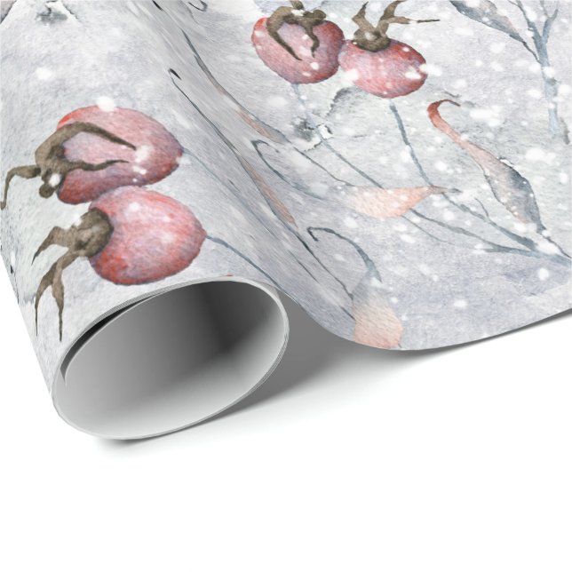 Papel De Presente Cenas de neve com folhas e frutos vermelhos, inver (Ponta do rolo)