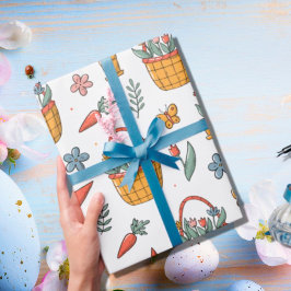 Papel De Presente Cenouras Coloridas Flores Padrão Primavera Páscoa