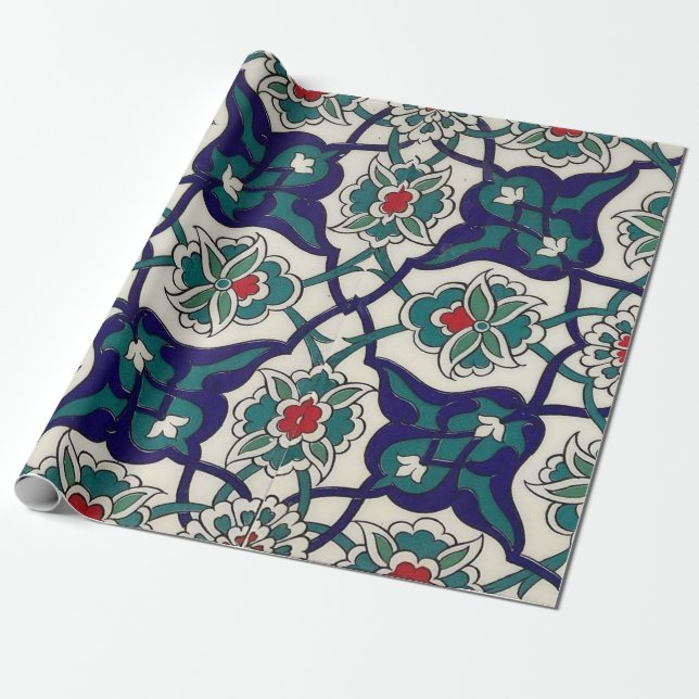 Papel De Presente Cerâmica Floral Azul Turca (Desenrolado)