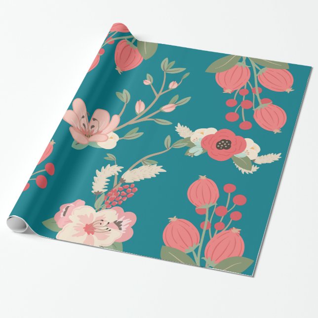 Papel De Presente Cerceta de Boho floral (Desenrolado)