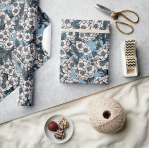 Papel De Presente Cereja floresce em branco e azul