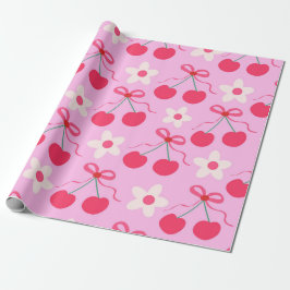 Papel De Presente Cerejas Coquete com Laços Vermelhos e Flores Branc