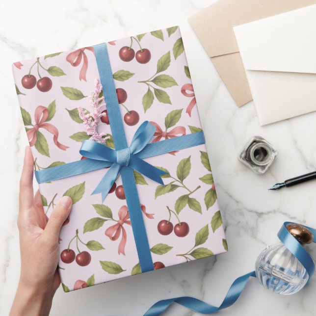Papel De Presente Cerejas de Aquarela com Arco - Fruta Elegante (Presentear)