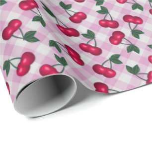 Papel De Presente Cerejas Retro em Gingham Rosa