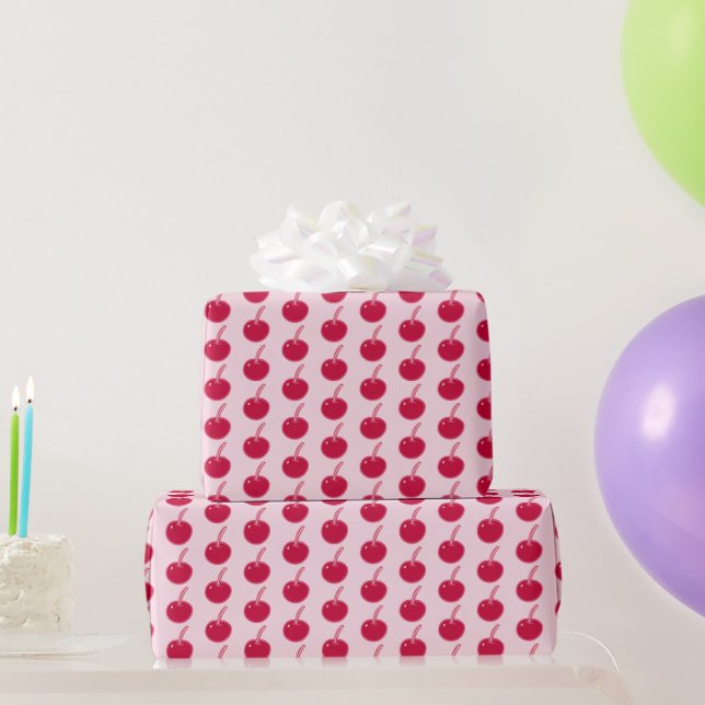 Papel De Presente Cerejas Rosa Menina Vermelho Aniversário (Presentes para festas)
