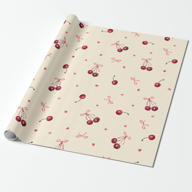 Papel De Presente Cerejas Rosas Fofo Corações Laços Creme (Desenrolado)