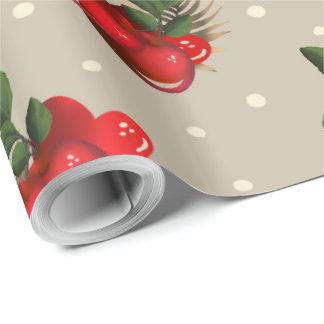 Papel De Presente Cerejas Vermelhas e Morangos com Folhas Verdes em