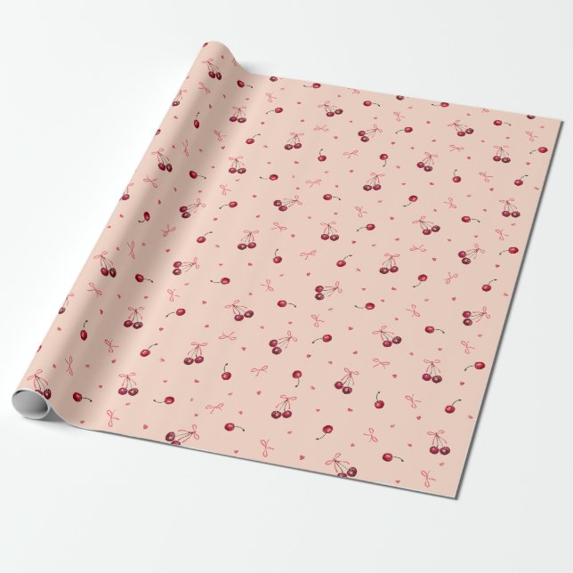 Papel De Presente Cerejas Vermelhas Fofas Corações Laços Laranja Mac (Desenrolado)