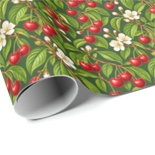 Papel De Presente Cerejas Vermelhas Rubi sobre Verde Floresta